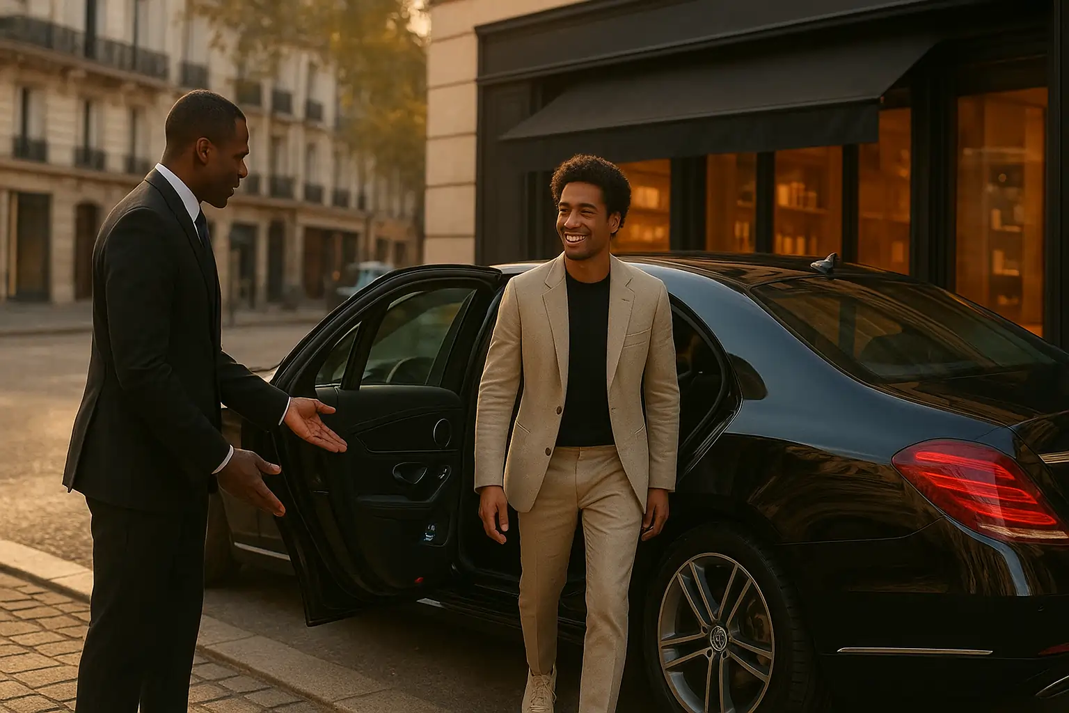 Professional chauffeur opening Mercedes door for client – hourly hire service